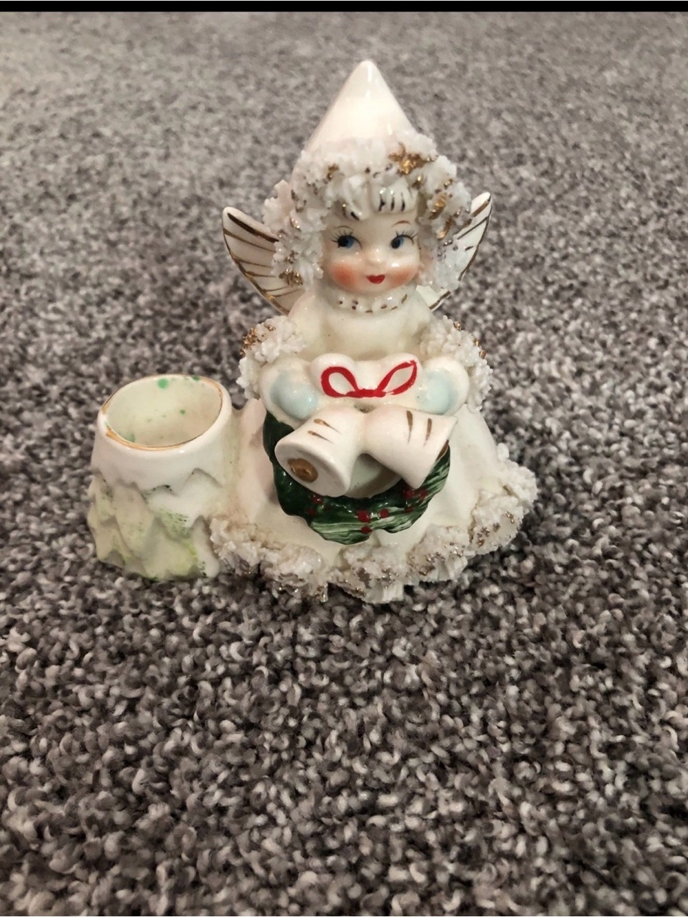 Vtg Commodore Christmas Angel Candle Holder - Spaghetti Trim